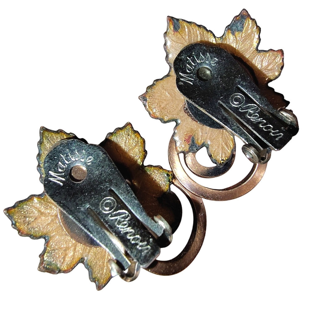 Vintage Renoir Matisse Copper Green Enamel Maple Leaf Clip On Earrings - Picture 4 of 5